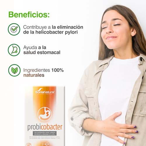 Soria Natural Probicobacter - con Lactobacillus reuteri PylopassTM, extracto de bróxoli y vitaminas A, C y B12 – Ayuda a la Eliminación de la Helicobacter Pylori - Caja con 21 comprimidos de 750 mg