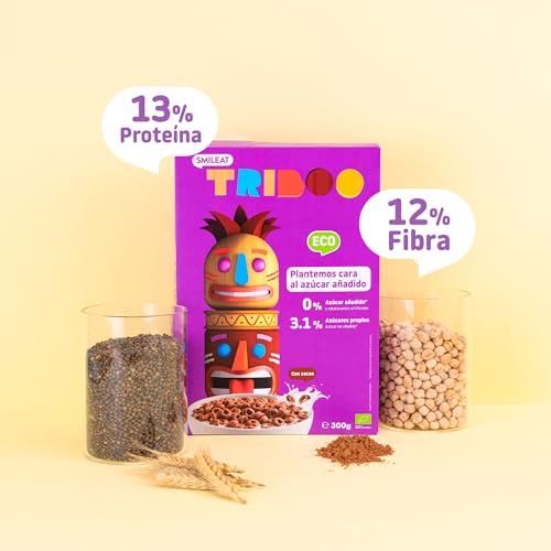 Smileat TRIBOO | Cereales Ecológicos e Integrales para Niños | Sabor a Cacao | Hechos con Ingredientes 100% Naturales | Sano y Saludable | Merienda Sana | 300g