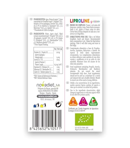 Nova diet - LIPROLINE GOTITAS ECO con Propóleo, Acerola, Equinácea, Malvavisco y Llantén - Para Aliviar Síntomas de Gripe y Resfriados - Ayuda a Calmar la Tos - Envase de 50 ml