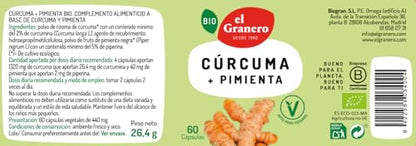 El Granero Integral - Cúrcuma y Pimienta Ecológica - 60 Cápsulas - Apto para Veganos - Propiedades Antioxidantes y Digestivas - Ideal para Cocinar con un Toque Oriental