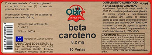 Obire | Beta-Caroteno 8,2 mg | Suplemento Alimenticio Para Piel Seca | Protección Solar de la Piel | Favorece la Absorción de Hierro, Mantenimiento de la Piel y la Visión | 90 Perlas