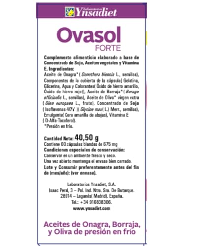 Ovasol Forte 60 cápsulas | Isoflavonas de Soja 40% | Aceite de Onagra, Borraja y Oliva Virgen Extra | Con Vitamina E | Complemento alimenticio para el bienestar femenino