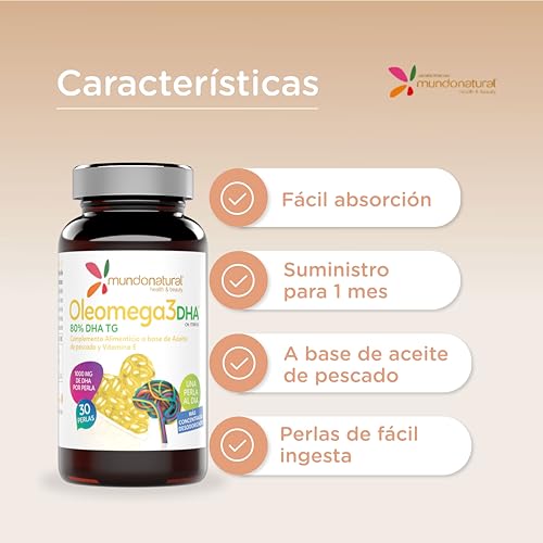 Mundo Natural - Oleomega 3 DHA | Omega 3 Capsulas en Perlas | Omega 3 EPA y DHA + Vitamina E | Omega-3 1000mg de DHA | Aceite de Pescado Omega 3 para Funcionamiento Normal de Vision y Cerebro