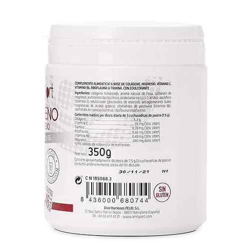 AMLsport, Colágeno con magnesio + vit c, b1, b2 y b6, Articulaciones fuertes, Regenerador de tejidos con colágeno hidrolizado tipo 1 y 2, Envase para 46 días, Sabor Fresa, 350 g (Paquete de 1)