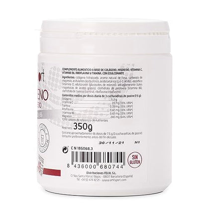 AMLsport, Colágeno con magnesio + vit c, b1, b2 y b6, Articulaciones fuertes, Regenerador de tejidos con colágeno hidrolizado tipo 1 y 2, Envase para 46 días, Sabor Fresa, 350 g (Paquete de 1)