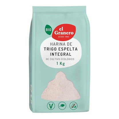 El Granero Integral - Harina Ecológica de Trigo Espelta Integral de 1 kg - Sin Azúcar Añadido - Alto Contenido en Carbohidratos y Fitonutrientes - Indicada para Elaborar Galletas o Pan