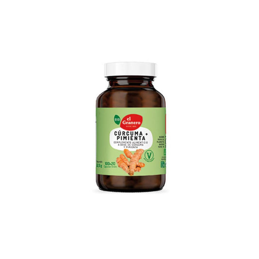 El Granero Integral - Complemento Alimenticio - Cúrcuma + Pimienta Bio - 120 Cápsulas - a Base de Polvo de Raíz de Cúrcuma y Pimienta Negra - Efecto Antioxidante - Ideal para Deportistas