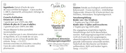 Vitamina D en gotas 500 UI vegana origen vegetal | liquen natural | Suplemento Bebe, niños, adultos, embarazo | Optim D3