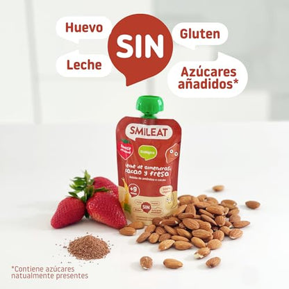 Smileat - Pouch de Leche de Almendra, Cacao y Fresa, Ingredientes Naturales Bebibles, Para Bebés a Partir de los 9 Meses - 100g
