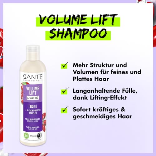 SANTE Naturkosmetik Volumen Champú orgánico Goji & henna incolora, para cabello fino y sin fuerza, volumen natural e impulso, vegano, 250 ml