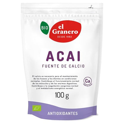 El Granero Integral - Acai Ecológico - 100 g - Apto para Veganos - Alto Contenido en Fibra - Fuente de Calcio - Ayuda a los Huesos y a la Salud Digestiva - Formato en Polvo