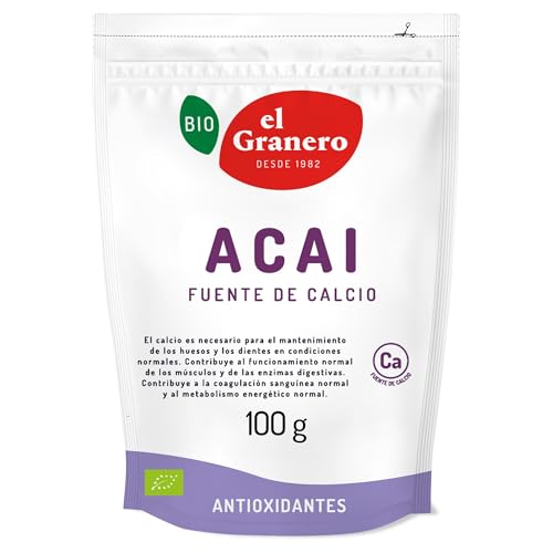 El Granero Integral - Acai Ecológico - 100 g - Apto para Veganos - Alto Contenido en Fibra - Fuente de Calcio - Ayuda a los Huesos y a la Salud Digestiva - Formato en Polvo