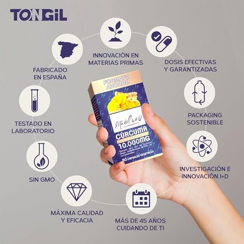Cúrcuma con Pimienta Negra | Cúrcuma Estado Puro 10000mg | Antiinflamatorio Natural, 25x Veces Más Concentrada, Tres Tipos de Curcumina | 80 Cápsulas de Cúrcuma Tongil