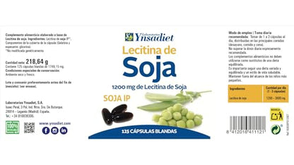 Lecitina de Soja IP 1.200 mg – 125 cápsulas blandas | No transgénica | Con fosfolípidos, colina e inositol | Ynsadiet | Apoya colesterol y memoria
