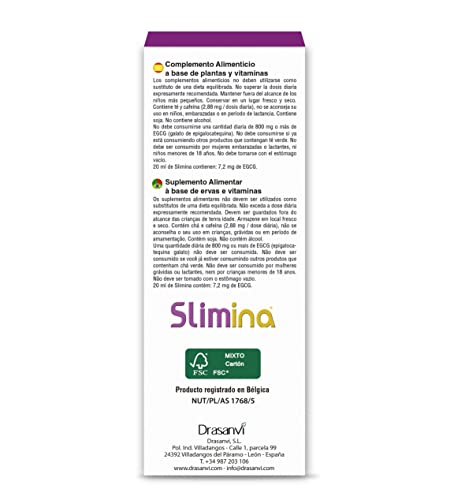 DRASANVI SLIMINA - Cola de Caballo + Alcachofa + Té Verde + Vitaminas B1, B2, B3 B6, B12 - Contribuye al correcto metabolismo energético - VEGANO - SIN GLUTEN