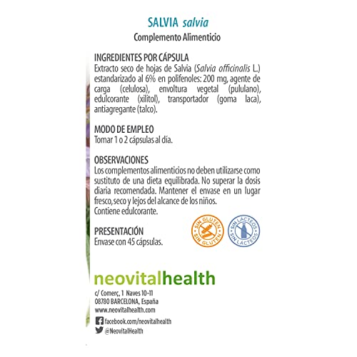 NEO | Extracto Seco de Hojas de Salvia | 45 Cápsulas | 200 mg | Ayuda a Mejorar los Síntomas de la Menopausia | Suplemento Alimenticio Natural con Ácido Rosmarínico