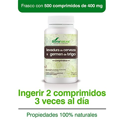 Soria Natural Levadura de Cerveza y Germen de Trigo | Previene la Caída del Cabello, Antioxidante, Aporta Energía, Ayuda en la salud intestinal y Cardiovascular | Vitamina B, Hierro, Zinc | 500caps