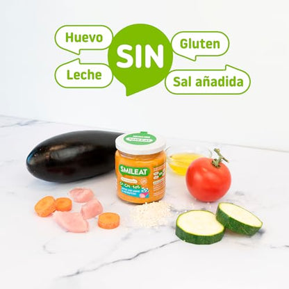 Smileat - Tarrito Ecológico con Verduras, Ingredientes Naturales, para Bebés desde 6 Meses, Sano y Saludable, sin Gluten, Sabor a Pavo y Verduras - Tarro de 230 g