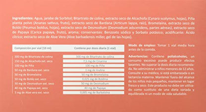 Gastrialoe Complemento Alimenticio a Base de Colina, Alcachofa, Bromelaína, Bardana, Boldo y Aloe Vera - Paquete de 20 x 10 ml - Total: 200 ml