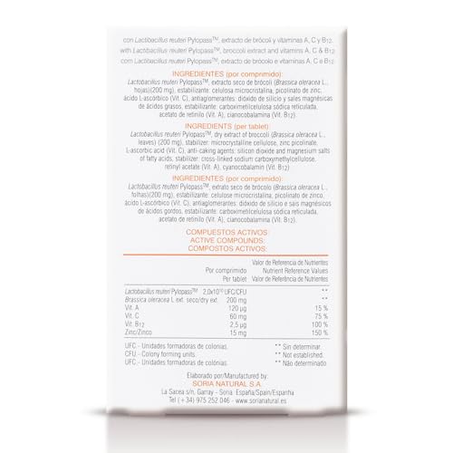 Soria Natural Probicobacter - con Lactobacillus reuteri PylopassTM, extracto de bróxoli y vitaminas A, C y B12 – Ayuda a la Eliminación de la Helicobacter Pylori - Caja con 21 comprimidos de 750 mg