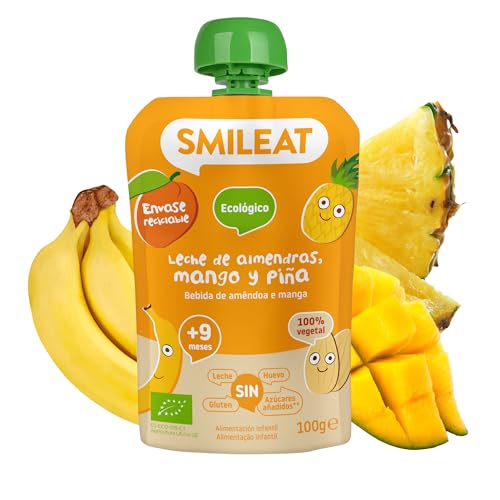Smileat - Pouch de Leche de Almendra, Mango y Piña, Ingredientes Naturales Bebibles, Para Bebés a Partir de los 9 Meses - 100g