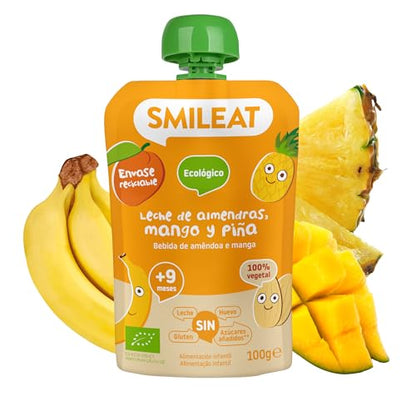 Smileat - Pouch de Leche de Almendra, Mango y Piña, Ingredientes Naturales Bebibles, Para Bebés a Partir de los 9 Meses - 100g