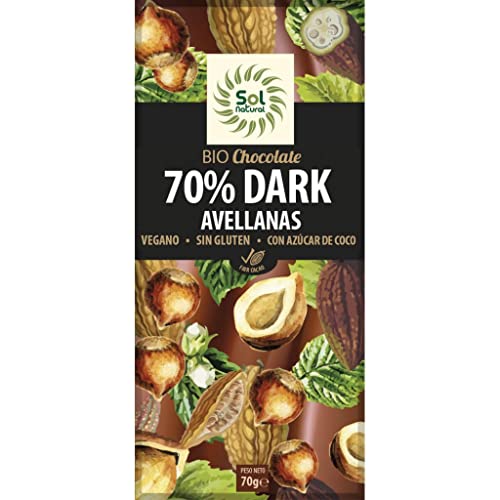 SOLNATURAL Tableta Chocolate Dark 70% AVELLANAS Bio 70 g, Estándar, Único