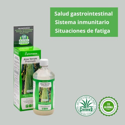 PLAMECA - Aloe Verum Premium, Aloe Vera Bebida, Jugo, Zumo, Sin Pasteurizar, Sin Edulcorantes, en Frío, Ayuda a la Salud Gastrointestinal, el Sistema Inmunitario y ante la Fatiga, Sabor Puro - 1 L