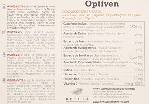 Betula - Optiven, Complemento Alimenticio a Base de Castaño de Indias, Rusco, Semillas de Uva, Rutina, Diosmina, Hesperidina y Vitamina C - 30 Cápsulas