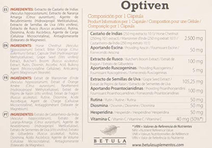Betula - Optiven, Complemento Alimenticio a Base de Castaño de Indias, Rusco, Semillas de Uva, Rutina, Diosmina, Hesperidina y Vitamina C - 30 Cápsulas