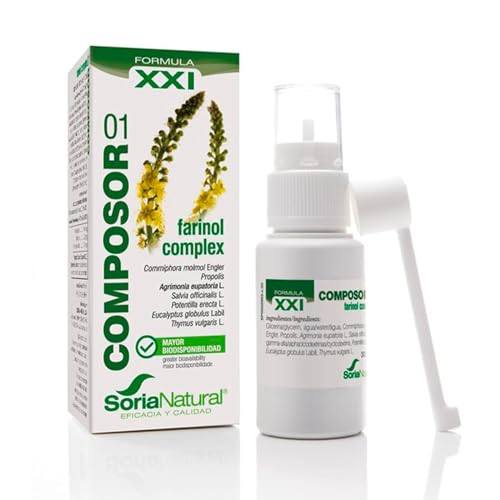 Soria Natural Composor 01 Farinol Complex – Con Mirra, propóleo, agrimonia, salvia, potentilla, eucalipto y tomillo - Sensación de suavidad y frescor a boca y garganta - Salud boca y garganta - 30ml