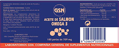 GSN | Aceite de Salmón Omega 3 | Complemento Alimenticio | Para Salud Cardiovascular y Tensión Arterial | Aceite de Pescado | Vitamina E Natural | Rico en EPA y DHA | 3 cápsulas al día |180 perlas