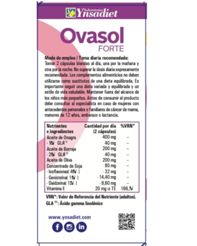 Ovasol Forte 60 cápsulas | Isoflavonas de Soja 40% | Aceite de Onagra, Borraja y Oliva Virgen Extra | Con Vitamina E | Complemento alimenticio para el bienestar femenino