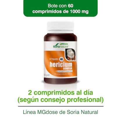 Soria Natural - vit&min 40 Hericium Complex – Melena de León - para sistema nervioso, cardiovascular y hepático - 60 comprimidos de 1000 mg