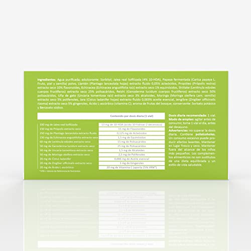 Defenvital® 200 ml de Margan Biotech. Sistema inmune. JALEA REAL LIOFILIZADA | LLANTÉN | PRÓPOLIS | ECHINACEA | SHIITAKE | REISHI | UÑA DE GATO | MORINGA | JARA | JENGIBRE | VITAMINA C. 20 viales