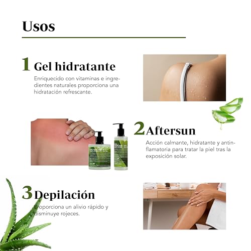 Ebers Aloe Vera Gel 100% Puro 250 Ml con dosificador - Excelente hidratante Rostro y Cuerpo, Aftersun, Depilación y Quemaduras.