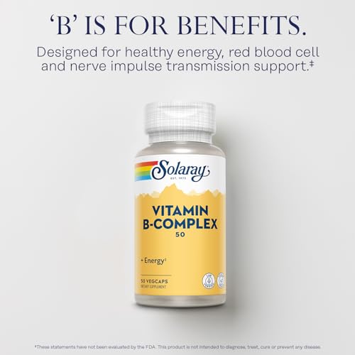 SOLARAY® B complex 50. 50 VegCaps. Las Vitaminas B contribuyen al normal funcionamiento del sistema nervioso. Sin gluten. Apto para veganos.