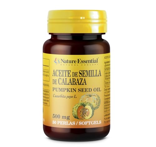 Nature Essential - Aceite de Semilla de Calabaza 500 mg - 50 Perlas - Complemento Alimenticio - Contenido en Omega 3, Hierro, Potasio, Zinc y Magnesio