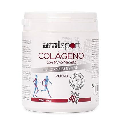 AMLsport, Colágeno con magnesio + vit c, b1, b2 y b6, Articulaciones fuertes, Regenerador de tejidos con colágeno hidrolizado tipo 1 y 2, Envase para 46 días, Sabor Fresa, 350 g (Paquete de 1)