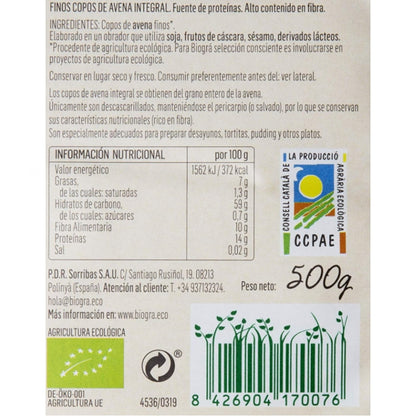 Copos de Avena Integral Finos Eco 500g Biogra