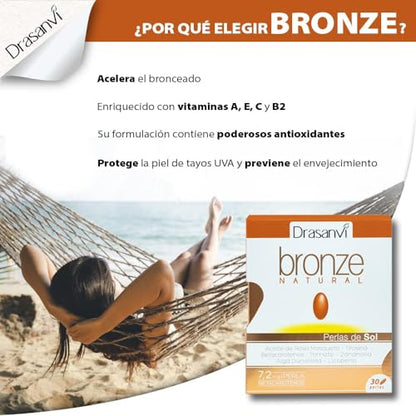 DRASANVI Acelerador de bronceado | Betacarotenos | Protege la Piel de Rayos UVA y Previene el Envejecimiento|Rosa de Mosqueta,Tomate, Zanahoria y Alga Dunaliella, Vitamina E, Licopeno, Luteína|30dias