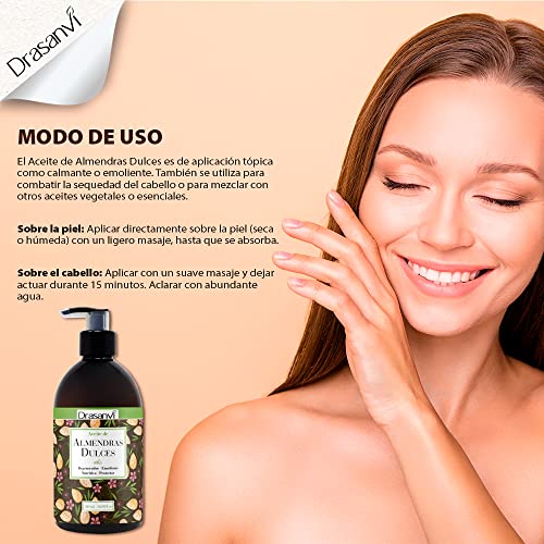 DRASANVI Aceite de Almendras Dulces con Vitamina A y E | Aporta ácidos Grasos Esenciales| Reduce Arrugas y Estrías | Hidrata y Nutre la Piel y el Cabello | uso Tópico o Emoliente| 500 ml