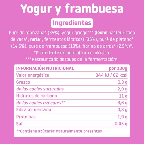 Smileat | Pouch de Fruta Ecológica para Niños | Con Sabor a Yogur y Frambuesa | Sin Lactosa, Sin Azúcares y Sin Gluten | Para Bebés a partir de los 12 Meses | 100 g |