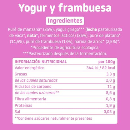 Smileat | Pouch de Fruta Ecológica para Niños | Con Sabor a Yogur y Frambuesa | Sin Lactosa, Sin Azúcares y Sin Gluten | Para Bebés a partir de los 12 Meses | 100 g |