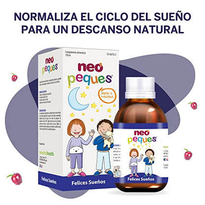 NEO PEQUES | Jarabe Infantil Felices Sueños | 150 ml | Para Problemas de Sueño e Inquietud en Niños | Ayuda a Dormir Mejor | Con Melisa, Tilo, L-Triptófano, Magnesio y Vitamina B6