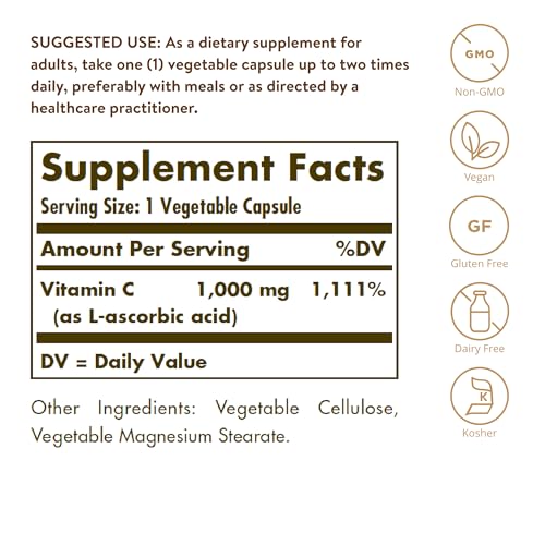 Solgar | Vitamina C 1000 Mg | Luminosidad y Tonificación de Piel | Reduce El Cansancio | Cápsulas Vegetales 250 Unidad