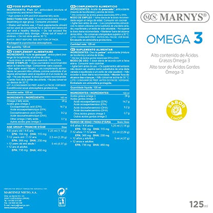 Marnys OMEGA 3 - Formato Líquido y con Sabor a Limón - Facilita la función Cardíaca y Neurológica -Botella 125 ml 258 g