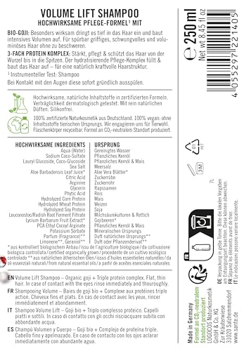 SANTE Naturkosmetik Volumen Champú orgánico Goji & henna incolora, para cabello fino y sin fuerza, volumen natural e impulso, vegano, 250 ml