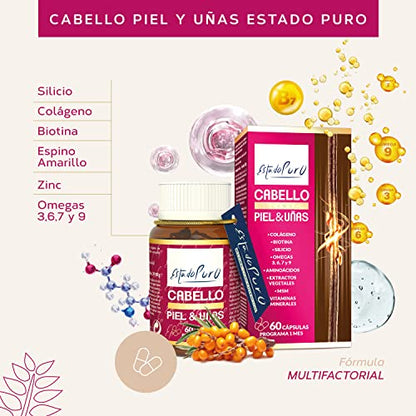 Cabello Piel y Uñas Estado Puro | Vitaminas para el Pelo | Biotina, Zinc, Saw Palmetto, Espino Amarillo | Anticaida Cabello Mujer y Hombre | Tratamiento 1 Mes | 60 Cápsulas Tongil