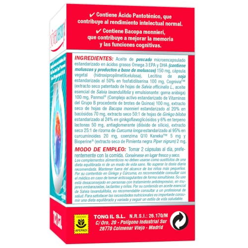 Nivelmemorix | Nootropico Para la Memoria y Concentración | Con Ginkgo Biloba, Fosfatidilserina, Bacopa Monnieri, Cúrcuma, Salvia, Coenzima Q10 y Vitaminas Grupo B | 40 Cápsulas Vegetales de Tongil